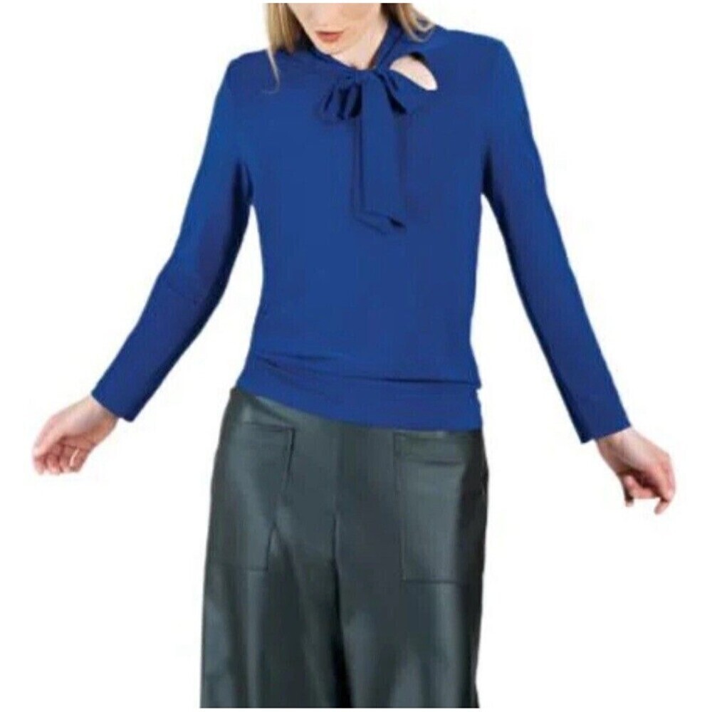 Clara Sun Woo Keyhole Bow Top Womens XS Cobalt Blue Long Sleeve Stretch USA Made - Picture 2 of 8